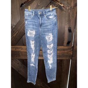 American Eagle AE Women's Sz 00 Short 90s‎ Mom Jean Stretchy Denim Distressed